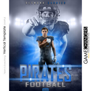 Football individual vertical Photoshop template featuring individual athlete with custom flare and fog arena or stadium backdrop.