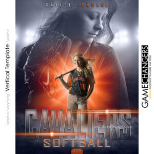 Softball individual vertical Photoshop template featuring individual athlete with custom flare and fog arena or stadium backdrop.