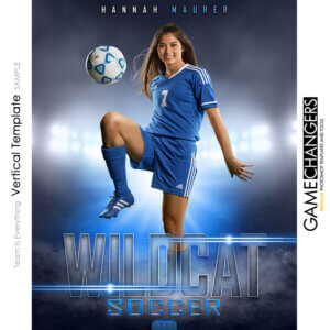 Soccer individual vertical Photoshop template featuring individual athlete with custom flare and fog arena or stadium backdrop.