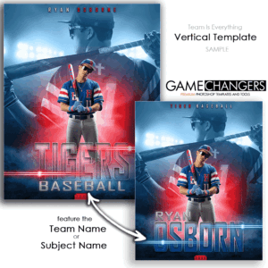 Baseball individual vertical Photoshop template featuring individual athlete with custom flare and fog arena or stadium backdrop.