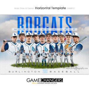 Baseball horizontal Photoshop template featuring team with white with sky and different ground options background.