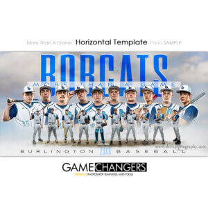 Baseball horizontal Photoshop template featuring team with white with sky and different ground options background.