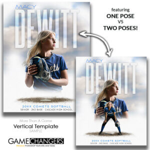 Softball vertical Photoshop template featuring individual athlete with white with sky and different ground options background.