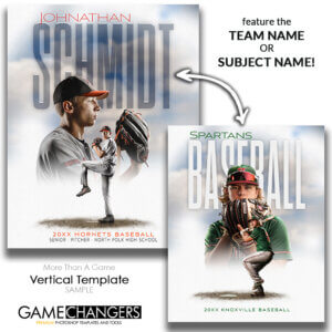 Baseball vertical Photoshop template featuring individual athlete with white with sky and different ground options background.