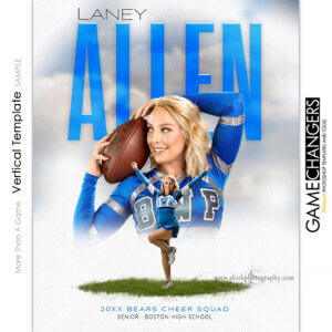 Cheer vertical Photoshop template featuring individual athlete with white with sky and different ground options background.