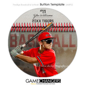 Baseball button Photoshop template featuring team with baseball softball texture, ball stitches, cool background and color change options