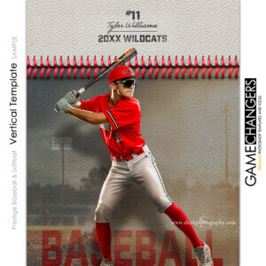 Baseball vertical Photoshop template featuring team with baseball softball texture, ball stitches, cool background and color change options
