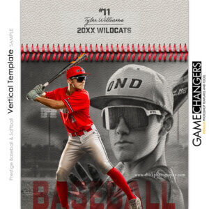 Baseball vertical Photoshop template featuring team with baseball softball texture, ball stitches, cool background and color change options