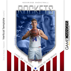 Patriotic vertical Photoshop template featuring team with stars and stripes elements with flag faded, and color change options