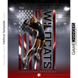 Patriotic vertical Photoshop template featuring team with stars and stripes elements with flag, Faded indoor and outdoor, and color change options