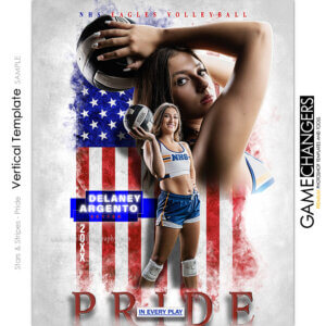 Patriotic vertical Photoshop template featuring team with stars and stripes elements with flag, Faded grunge flag
