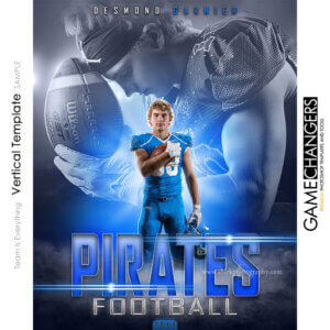 Football individual vertical Photoshop template featuring individual athlete with custom flare and fog arena or stadium backdrop.
